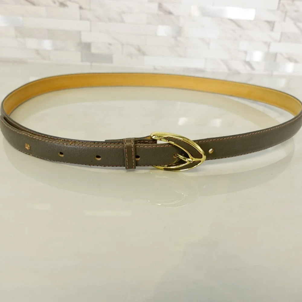 VINTAGE Y2K Leather Dress Belt Womens SMALL Gray Gold Buckle Handmade